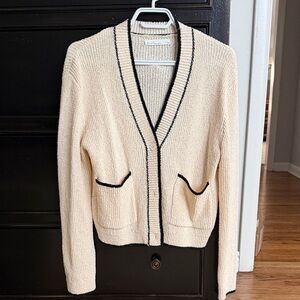 OAK + FORT Cream Cardigan Sweater with Black Trim